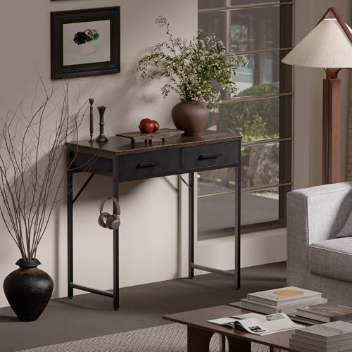 Pamray 32 Inch Small Computer Desk with 2 Drawers for Bedroom Study Writing Home Office Table for Small Spaces Brown - Image 2