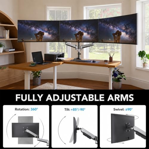 HUANUO Gaming Triple Monitor Stand, Full Motion Articulating Triple Monitor Mount Fit 17 to 32 inch Flat/Curved LCD Computer Screens with Clamp, Grommet Kit, Silver - Image 4