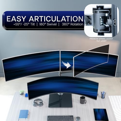 VIVO Pneumatic Arm Triple Ultrawide Monitor Desk Stand for Up to 49 inch Screens with Tempered Glass Base, Holds 3 Ultra Wides Up to 33 lbs Each, Black, STAND-V300FG - Image 5