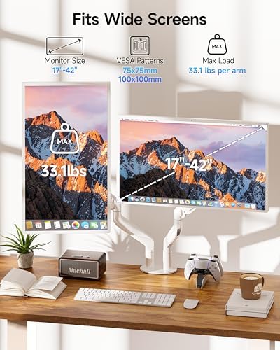 BIZUM Dual Monitor Stand for 17″-42", Heavy Duty Ultrawide Monitor Arm Dual-Monitor Mount VESA Mount with Clamp/Grommet Base, Holds 33.1lbs per Arm, White - Image 2