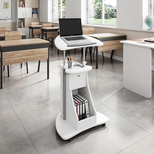 Techni Mobili Adjustable Height Rolling Laptop Cart with Storage, White - Image 2