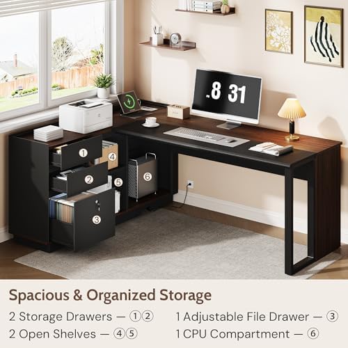 70" Executive Desk with Cabinet Storage, L-Shaped Office Desk with 3 Drawers and Shelves, Large Computer Desk Business Furniture for Home Office (Brown & Black) - Image 6