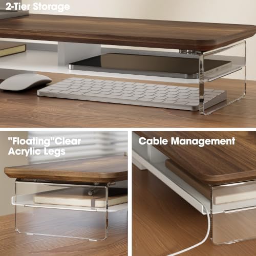 Fenge 42.5" Dual Monitor Stand with Clear Acrylic Legs, Brown - Image 3