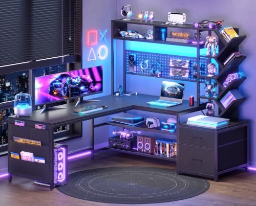 SEDETA L Shaped Gaming Desk with Hutch, Convertible 97.6" Two Person Office Desk with Drawers and Bookshelf, Corner Computer Desk with Power Outlet, LED Lights, Black by SEDETA