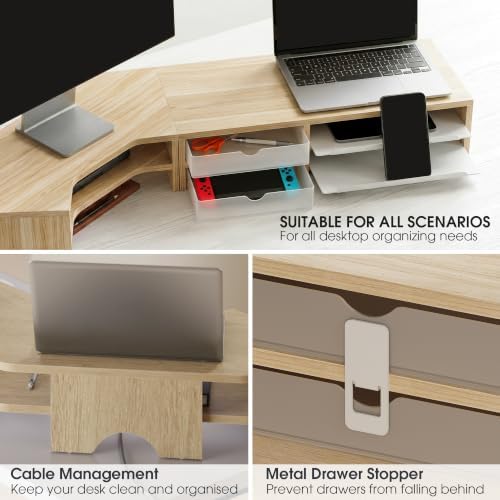 Fenge Dual Monitor Stand, Corner Desk Shelf with Drawer & Slide-Out Tray - Image 5