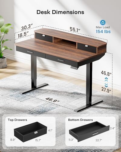 HUANUO 55 x 30 inch Electric Standing Desk with 2 Wood Drawers, Adjustable Height Sit Stand Desk for Home Office, Ergonomic Stand up Desk with 4 Memory Presets, 176 lbs Capacity, Walnut Top - Image 3