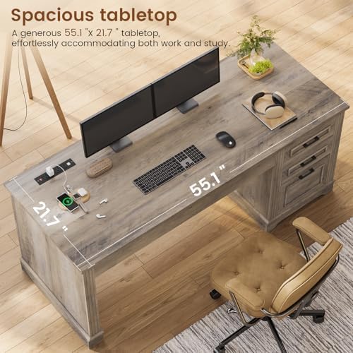Itaar Farmhouse 55" Executive Desk, Computer Desk with Storage Drawers and Power Outlet, Home Office Desk, Workstation for Office Home, Grey - Image 5