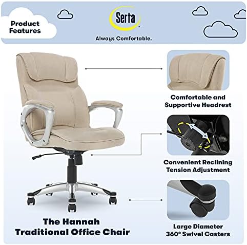 Serta Hannah Executive Home Office Desk Chair, Ergonomic Mid-Back with Lumbar Support, Firm Seat Cushion, Layered Body Pillows, Padded Armrests, Swivel Base, Easy Assembly, Microfiber, Tan - Image 4