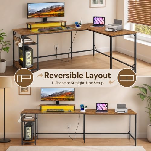 DEVAISE 60 Inch L Shaped Gaming Desk with LED Lights, Rustic Brown - Image 4