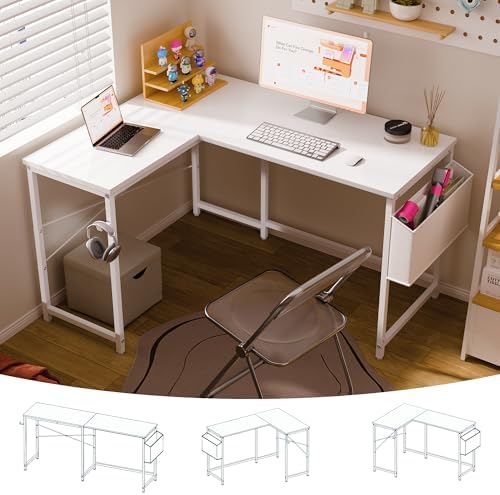 Pamray 47 Inch Reversible L Shaped Gaming Desk Corner Computer Desk with Storage Bag Home Office Table for Writing Study White by PAMRAY