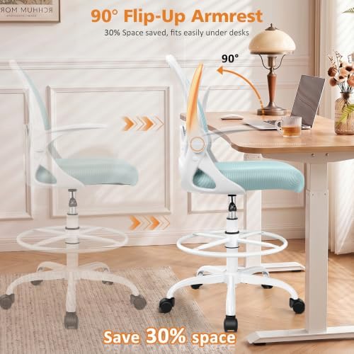 Drafting Chair Tall Office Chair with Flip-up Armrests, Adjustable Height, and Enhanced Lumbar Support - Ergonomic Rolling Stool, Back Support, and Adjustable Foot Rest Ring Light Blue - Image 7