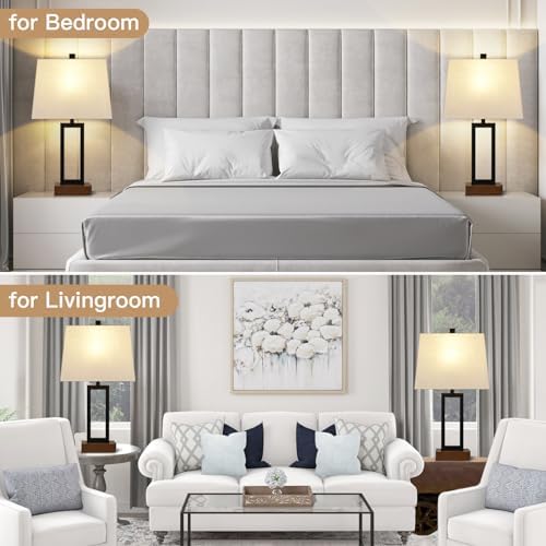 Lolikit Table Lamp for Bedroom Set of 2 with 2 USB Ports and AC Power Outlet, 23.5" Modern Bedside Lamp, Wood Nightstand Lamp with Linen Shade for Living Room Hotel Desk(LED Bulb Included) - Image 6