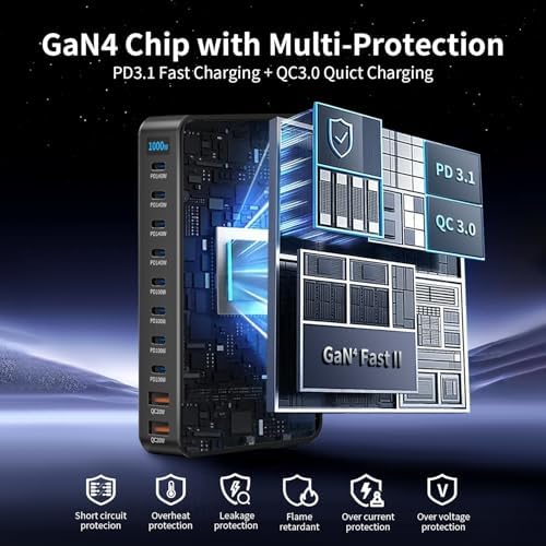 1000W 10-Port GaN 4 Desktop Charging Station with 240W 6.6 ft Data Cable - Compatible with Tablets, Phones, Laptops, Gaming Consoles, Headphones - Image 4