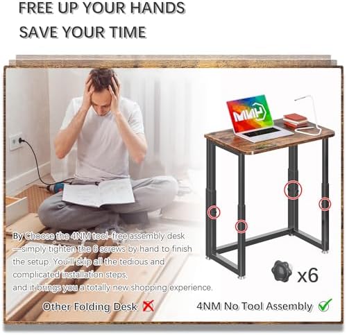 4NM No Tool Assembly 23.6" Small Desk, Folding Portable Desk with Wheels, Adjustable Height Foldable Computer Home Office Desks, Collapsible Study Writing Table for Space Saving Bedroom - Rustic Brown - Image 5