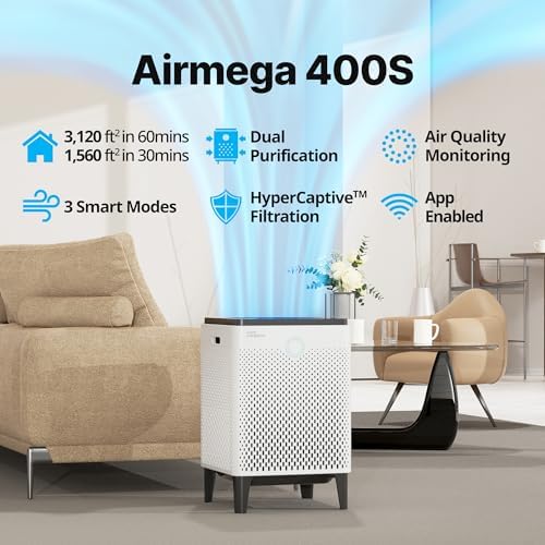 COWAY Air Purifier for Large Room Whole Home Up to 3,120ft², HEPA Filter for Smoke, Allergies, Pet Dander, Odor, App-Enabled, AQI, Smart Mode, Timer, 5yr Warranty, Airmega 400S White - Image 2
