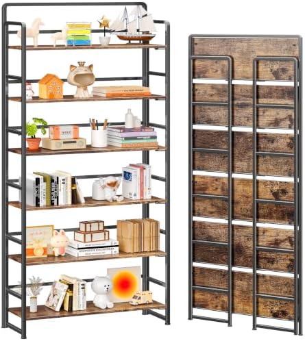 4NM No Assembly Extra Wide 6 Tier Folding Bookshelf Tall Storage Shelves Vintage Bookcase Standing Racks Study Organizer Home Office by 4NM