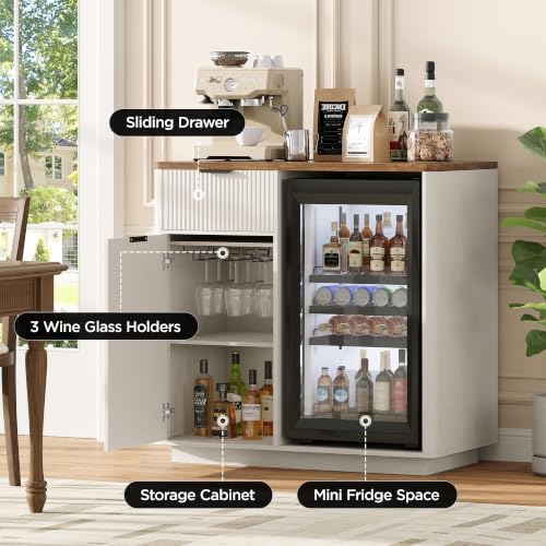 Mini Fridge Cabinet, Coffee Bar Cabinet with Fridge Space, Distressed White - Image 4