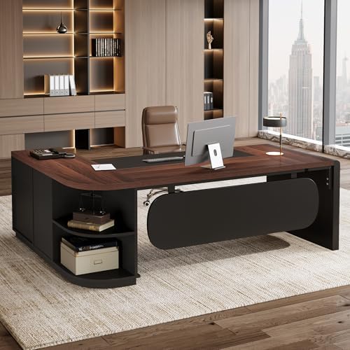 Tribesigns 81'' L-Shaped Executive Desk, Large Modern Office Desk with Drawers and File Cabinet for Home or Business Workspace, Computer Desk with Storage Shelves, Walnut & Black by Tribesigns