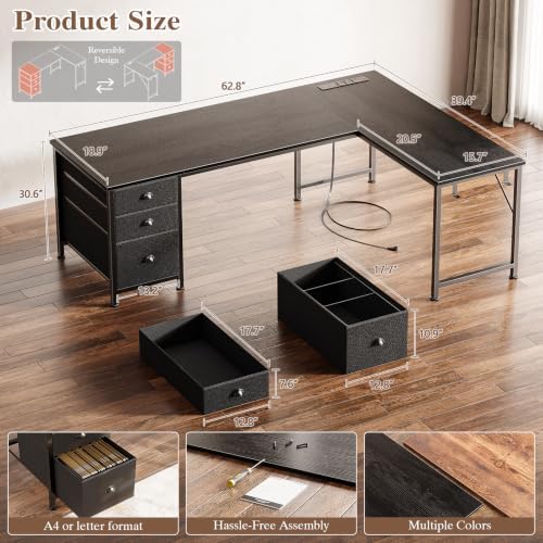 Furologee 63" L Shaped Desk with Power Outlets & USB-C Port, Reversible Corner Computer Desk with 3 Fabric Drawers, Hooks, Home Office Desk for Gaming, Writing, Work, Black - Image 2