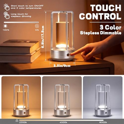 6 Pack Portable Metal Table Lamp LED Rechargeable Cordless Table Light Battery Operated Desk Touch Lamp 3 Color Stepless Dimming Light for Home Outdoor Camp Patio Bar Restaurant (Silver) - Image 2