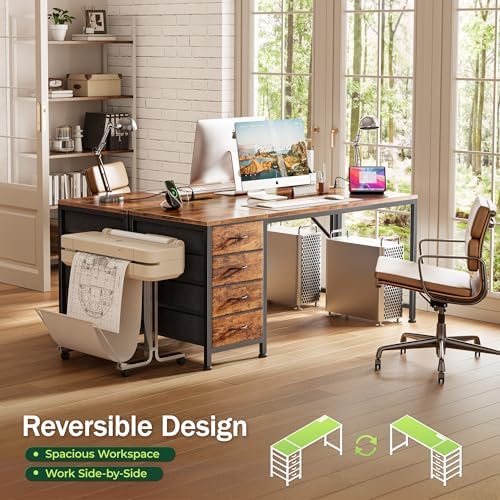 PRAISUN 55.1 Inch Computer Office Desk with Power Outelts and USB-C Port, Reversible Gaming Desk with 4 Fabric Drawers, Work Study Desk Work from Home, Rustic Brown - Image 4
