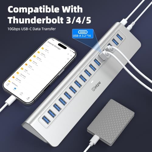 Powered USB Hub 10Gbps, intpw 16-Port USB 3.2/USB A Hub (16 x USB-A 3.2), USB Hub Powered with 65W Power Adapter, 3Ft Cable, Aluminum USB Hub for PC/Laptop,Computer, Flash Drive, Printer, Camera - Image 5