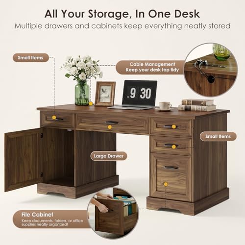 OffiGo Farmhouse 59 Inch Executive Desk with Drawers, Walnut - Image 5