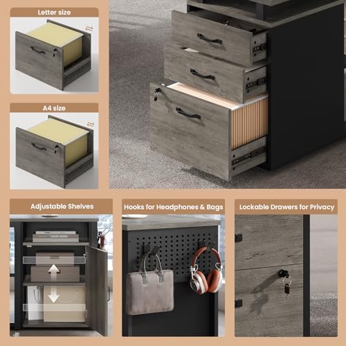 78" Executive Desk with Lockable File Cabinet, L Shaped Office Desk with Power Outlets, Large Executive Desk with Drawers and Storage Shelves , Reversible Computer Desk with Privacy Screen, Grey - Image 3