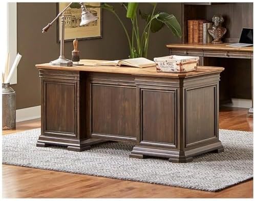 Pemberly Row Executive Desk, 60”W x 28”D x 30”H, Solid Wood Plank Top, Brown Finish, Double Pedestal Design, Dropfront Keyboard Drawer, Locking File Drawers, Antique Bronze Hardware, Home Office Desk by PEMBERLYROW