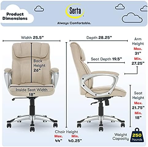 Serta Hannah Executive Home Office Desk Chair, Ergonomic Mid-Back with Lumbar Support, Firm Seat Cushion, Layered Body Pillows, Padded Armrests, Swivel Base, Easy Assembly, Microfiber, Tan - Image 3