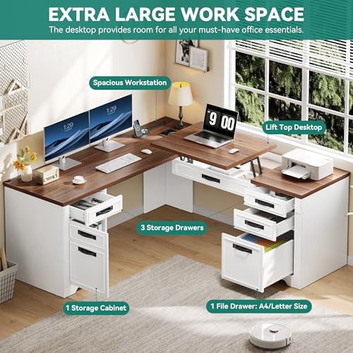 YITAHOME L Shaped Executive Desk with Lift Top & Drawers - Image 5