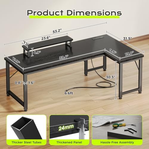 PRAISUN 53" L Shaped Computer Desk, Power Outlets, Monitor Stand, Black - Image 3