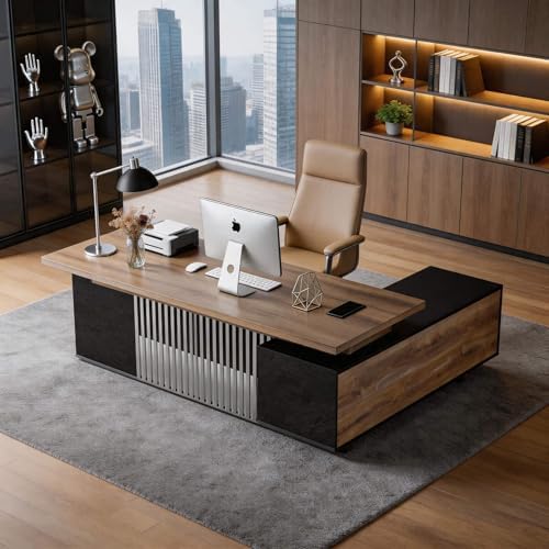 78.7 Inch Large Executive Desk with Drawers Cabinet, L Shaped Office Desk, Computer Desk with Universal Charging Ports and Cable Management for Business Furniture Set Workstation for Home Office by SAINTCY