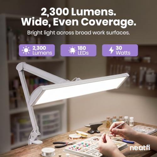 Neatfi Pro LED Task Lamp with Clamp | 2,300 Lumens | CRI 95 | Touch Dimming | 180 LED Beads | 6500K Daylight | 30W Desk Light for Nails, Crafts & Workbench (White-5, 24-Inch Wide Shade) - Image 2