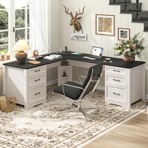 Vabches Wood L Shaped Executive Desk with 6 Drawers, Farmhouse Home Office Desk with Power Outlets and Triangle Under-Desk Storage Shelf & Drawer File Cabinet, Corner Computer Desk, Black by Vabches
