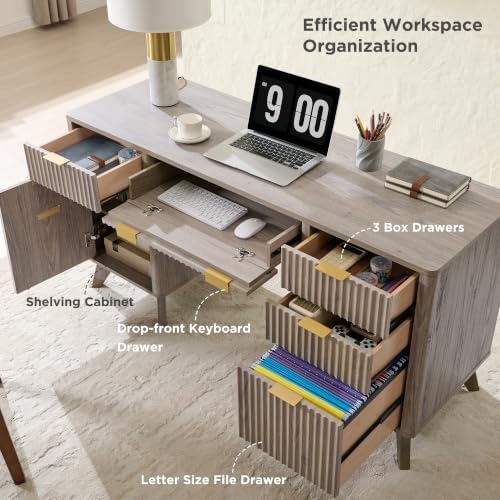 T4TREAM 60" Modern Fluted Executive Desk with Drawers, Alder Grey - Image 4