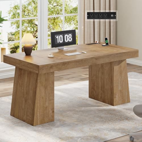 UPOSOJA 55.9 in Executive Desk with Power Outlets, Modern Home Office Desk with Storage Cabinet, Wood Computer Desk Business Workstation Desk Conference Table, Oak (Storage Cabinet) by UPOSOJAWishesYouaNiceDay