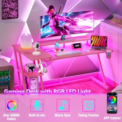 Korfile 55 Inch Pink Gaming Desk with Power Outlet & LED Lights, Corner Computer Desk with 3 Tiers Storage Shelves, L Shaped Gaming Desk with Monitor Stand for Bedroom - Image 4