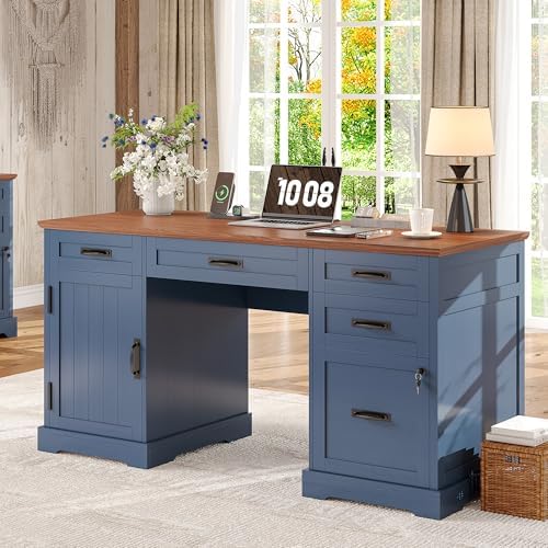 Whalefall 55'' Farmhouse Desk Home Office with Drawers, Blue by Whalefall
