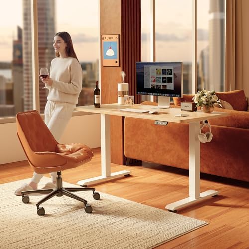 FEZIBO 55 x 24 Inchs Electric Standing Desk, Height Adjustable, Sit Stand Up, Computer Office Desk with Splice Board, White Frame/Maple Top - Image 2
