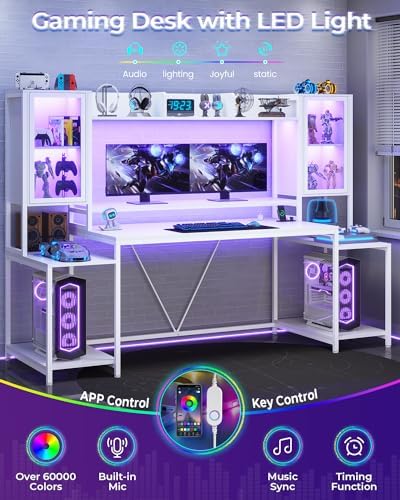 SEDETA Gaming Desk 75'' with LED Lights, Hutch and Storage Shelves, White - Image 4