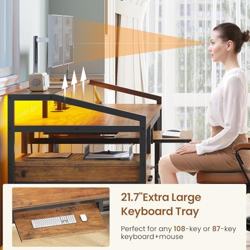 SEDETA 63" Computer Desk, Office Desk with Lock Drawers for Legal/Letter File, Gaming Desk with LED Light & Power Outlet, Home Office Desks for Printer, Rustic Brown - Image 6
