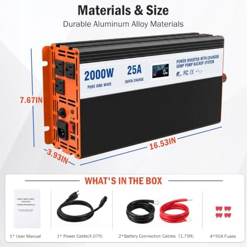 Sump Pump Battery Backup System, 2000W Pure Sine Wave Inverter with LCD Display, Auto Switches to Battery Power for Continuous Sump Pump Operation, for Basement Flood Protection&Power Outage Emergency - Image 6