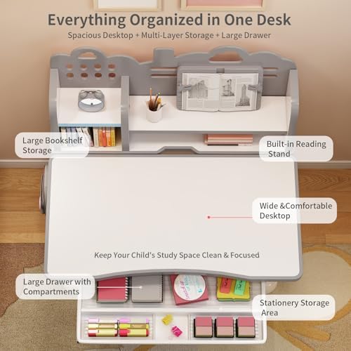 Kids Desk and Chair Set for Ages 3-12 - Tilting Study Desk (Grey) - Image 5