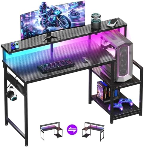 AODK 48 Inch Gaming Desk with LED Lights & CPU Stand, Carbon Fiber Black by AODK