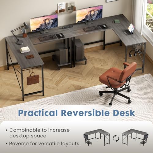DUMOS L Shaped Computer Corner Desk with PC Stand, Grey - Image 3