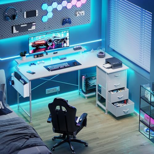 VERMESS 63" Reversible L Shaped Gaming Computer Desk, Corner Desk with Power Outlets & Monitor Stand, Writing Study Table with 4 Storage Drawers, Desk with LED Lights, White - Image 2