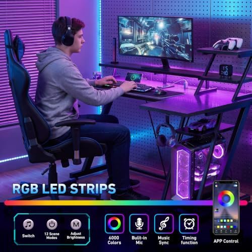 Korfile 40 Inch Gaming Desk with LED & Power Outlet, Carbon Fiber Black - Image 5