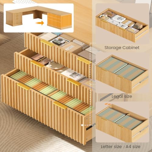 SEDETA Fluted 78.8" L Shaped Executive Desk with 6 Drawers, Oak - Image 4