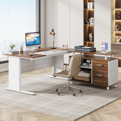 Tribesigns 63 Inch Executive Desk with File Cabinet, L Shaped Office Desk with Drawers and Storage Shelves, Business Furniture Set Workstation for Home Office, White and Walnut - Image 4